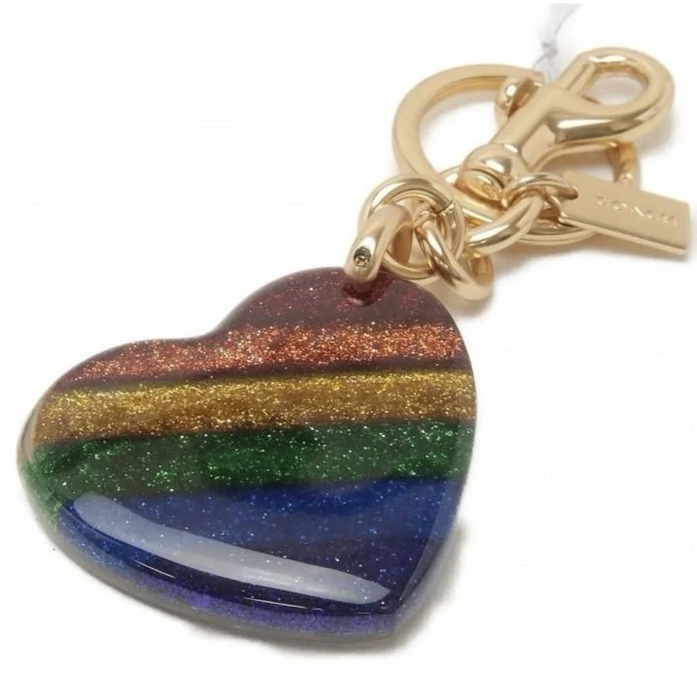 Coach Sprinkle Signature Heart Bag Charm Rainbow Pride Glitter Keychain NEW HTF!